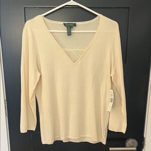 NWT Lauren Ralph Lauren Size L Cream V-Neck Lace-Trim Top